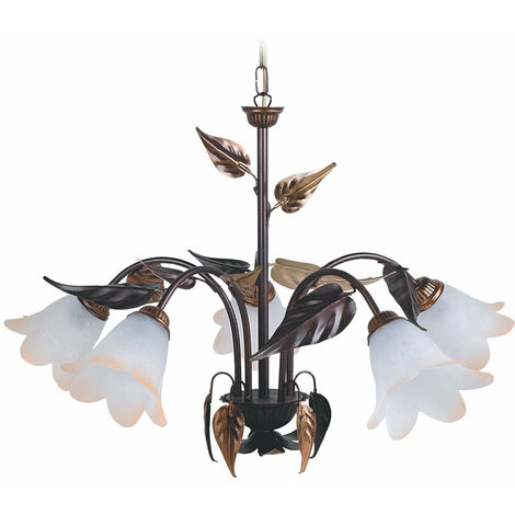Lampadario 5xE14 Montatura Marrone Ramato Vetro Bianco Sfumato Ambra E-Energy Giulia