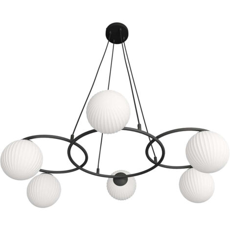 Lampadario 6 Luci Eolo A Cerchi E Diffusori In Vetro Rigato Opale