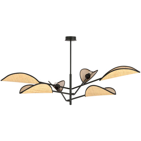 Lampadario 6 Luci Eridano In Acciao Nero E Rattan Con Bracci Mobili
