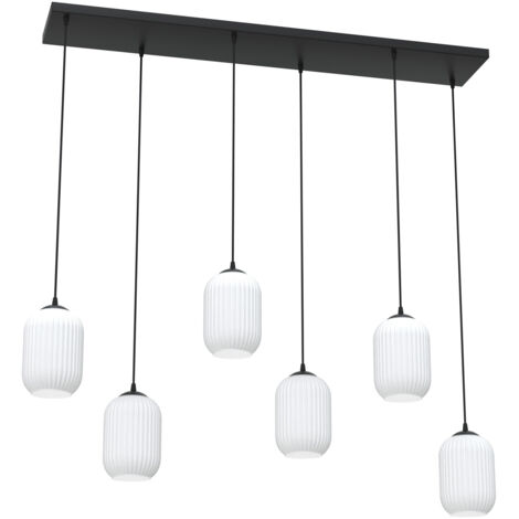 Lampadario 6 Luci Selene In Acciaio Nero E Vetri Plissettati Bianchi