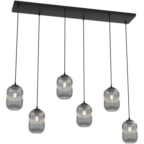 Lampadario 6 Luci Selene In Acciaio Nero E Vetri Plissettati Fumè