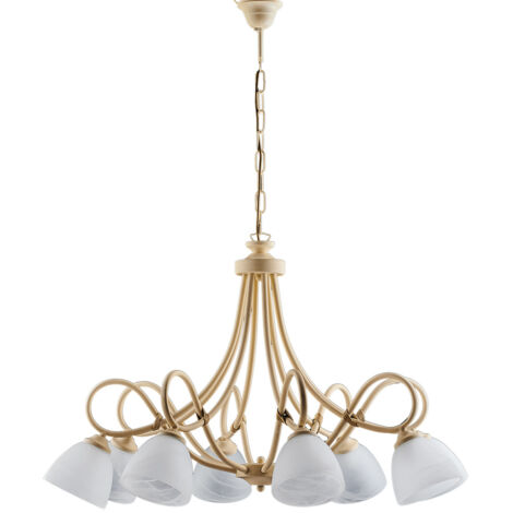 Lampadario 8 Luci Dallas Ferro Battuto Avorio Decapè Vetro Bianco