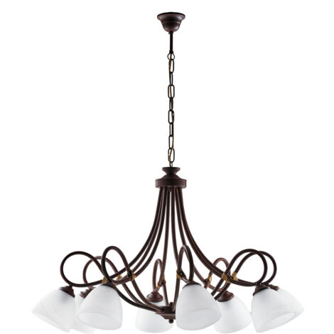 Lampadario 8 Luci Dallas Ferro Battuto Nero E Ruggine Vetro Bianco