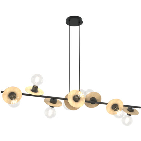 Lampadario 8 Luci Eos In Acciaio Nero E Legno Con Barra E Diffusori A Piatti