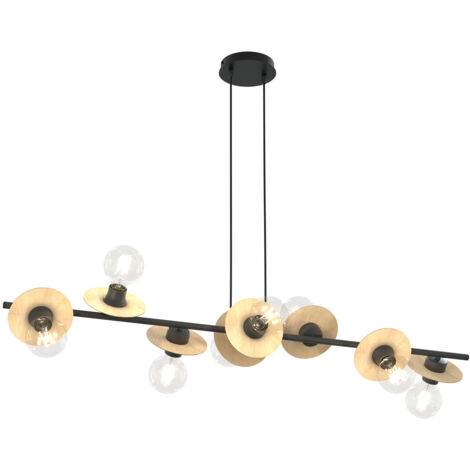 Lampadario 8 Luci Eos In Acciaio Nero E Legno Con Barra E Diffusori A Piatti