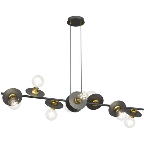Lampadario 8 Luci Eos In Acciaio Nero E Oro Con Barra E Diffusori A Piatti