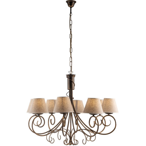 Lampadario 8 Luci Vienna Ferro Marrone E Oro Con Paralumi In Pvc