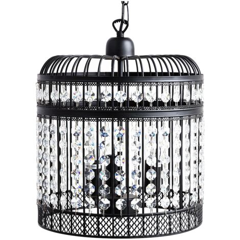 Lampadario a Gabbia in Metallo Nero a 3 Luci con Cristalli a Cascata Celon