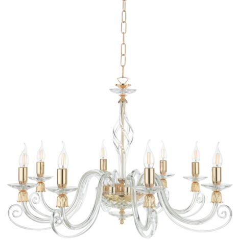 Lampadario a sospensione 1306 in vetro soffiato lavorato a mano 8 luci D84 cm ORO