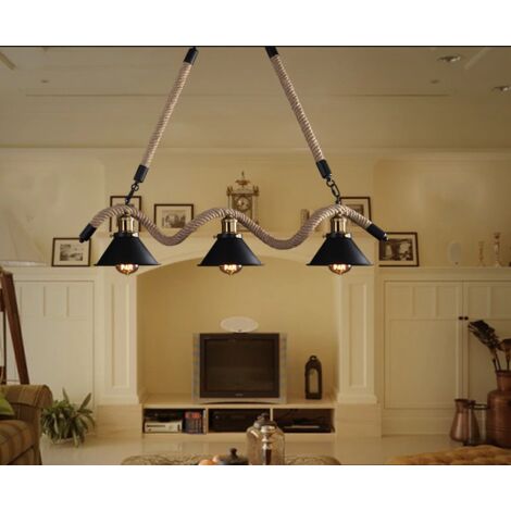 Lampadario a sospensione 3 luci attacco E27 con corda di canapa campane nere stile rustico vintage