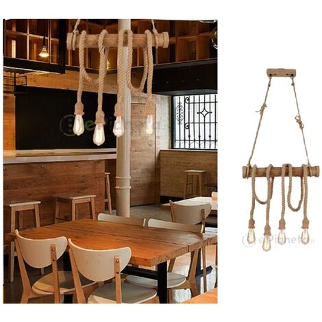 Lampadario a sospensione 4 attacchi luce E27 in bambù corda di canapa design rustico country vintage