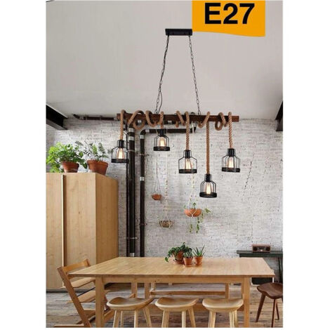 Lampadario A Sospensione 5 Portalampada Corda Lampada Vintage Country E27 A91-5