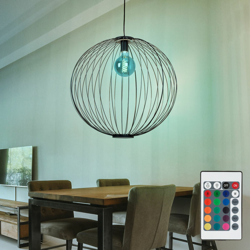 Image of Lampadario a sospensione a sfera con griglia luminosa per sala da pranzo, lampada a sospensione nera, industriale, dimmerabile con telecomando, 1x