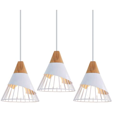 Lampadario a Sospensione Bianco Retrò Lampada Paralume Metallo e Legno Illuminazione Pendente Regolabile per Cucina Corridoio Porta 3 Pezzi