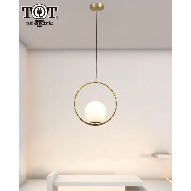 Image of Tot Electric - Lampadario a sospensione cerchio metallo con sfera in vetro bianco attacco E27 oro design moderno minimal