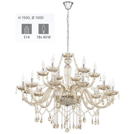 Lampadario A Sospensione Classico Basilano Acciaio Cromo Vetro 18 Luci E14