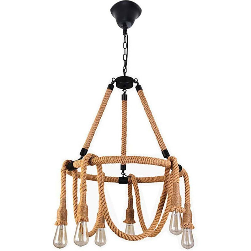 Image of Vetrineinrete - Lampadario a sospensione con corda in canapa vintage 6 portalampada E27 lampada country retro pendente arredamento rustico