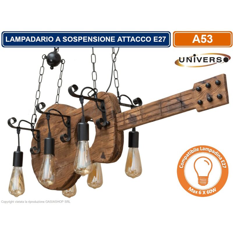 Image of Lampadario a sospensione coutry rustico in legno a forma di chitarra con 6 attacchi E27
