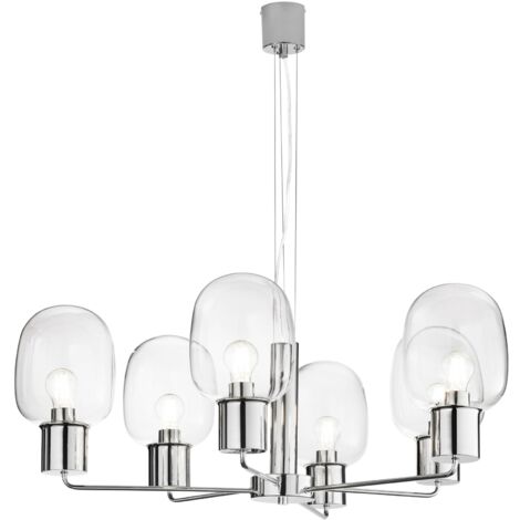 "Lampadario a sospensione FELLINI in metallo cromato con sei diffusori in vetro"