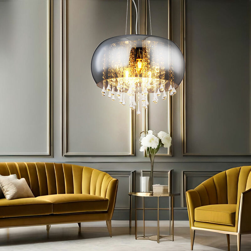 Image of Etc-shop - Lampadario a sospensione in cristallo per soggiorno, illuminazione per sala da pranzo, design cromato, lampada a sospensione fumo