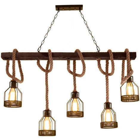 VETRINEINRETE Lampadario a sospensione in legno 5 portalampada in corda di canapa e metallo lampada da tavolo da cucina vintage country E27