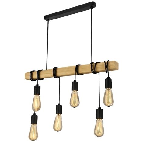 Lampadario a sospensione in legno e corde stile industriale vintage con 6 portalampada E27 regolabili, ideale per cucina, salotto e locali moderni
