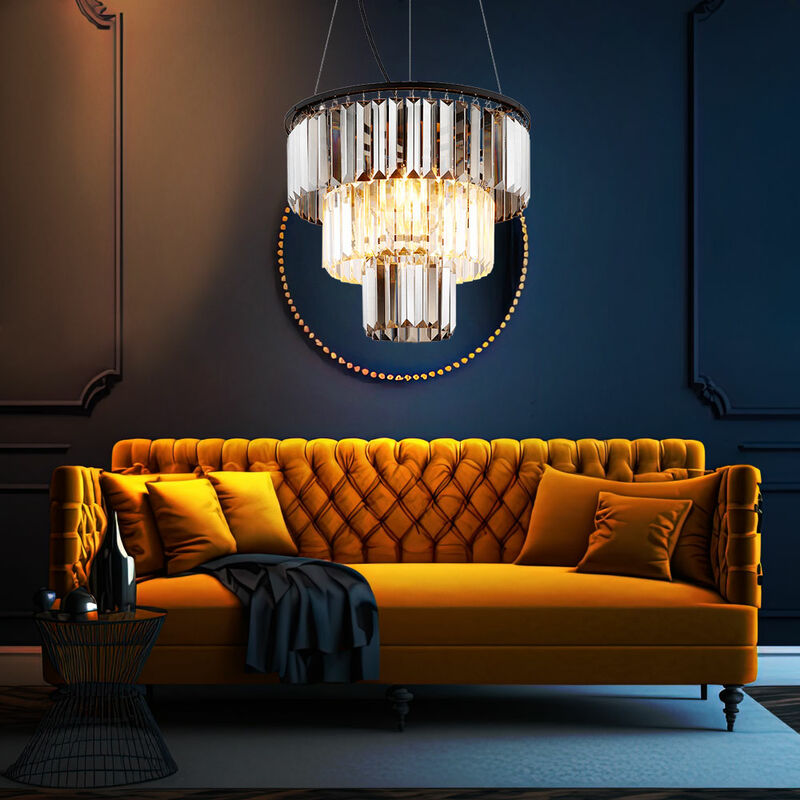 Image of Lampadario a sospensione lampada a sospensione lampada da soggiorno lampada da sala da pranzo, metallo nero, cristalli di vetro color fumo, 3