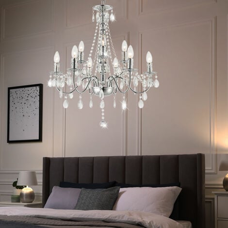 Lampadario a sospensione lampadario lampadario luce soggiorno, 9 fiamme, metallo cromato classico, 9 attacchi E14, PxH 63x153 cm