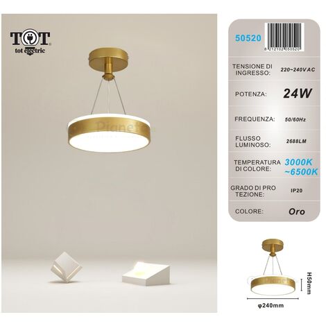 Lampadario a sospensione led 24w cerchio tondo circolare design moderno bianco oro nero luce fredda calda Oro