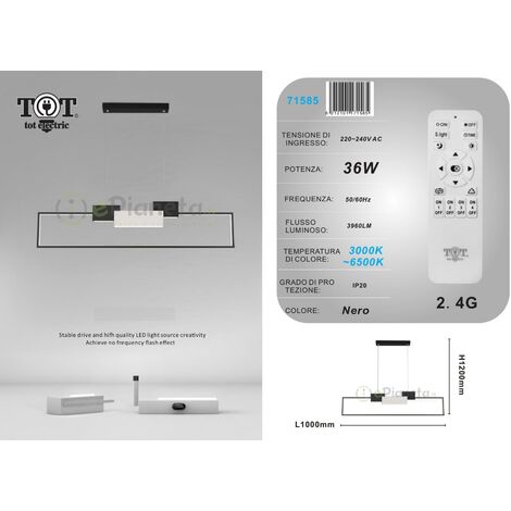 Lampadario a sospensione led 36w rettangolare con telecomando design moderno nero bianco oro luce fredda calda  Nero