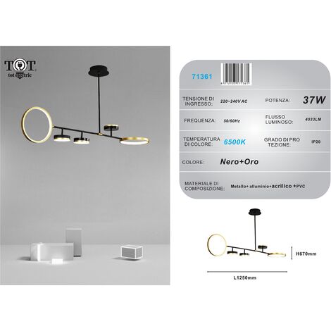 Lampadario a sospensione led 37w con 5 cerchi orizzontale nero oro luce bianca naturale design moderno per camera salotto  Bianco freddo