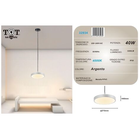 Lampadario a sospensione led 40W argento cerchio tondo design moderno minimal Naturale