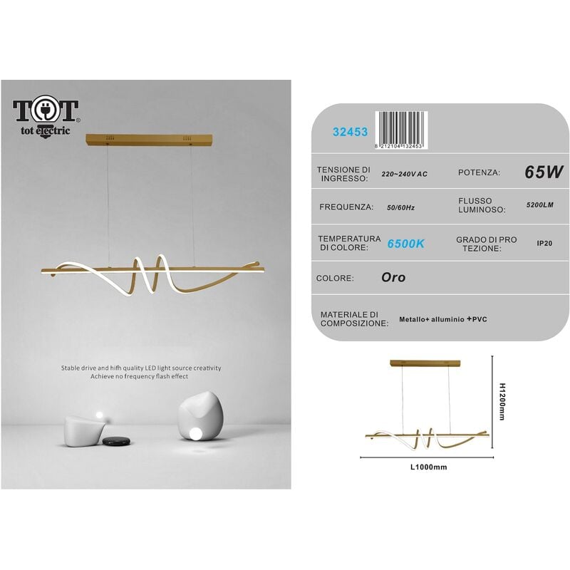 Lampadario a sospensione led 65W oro spirale
