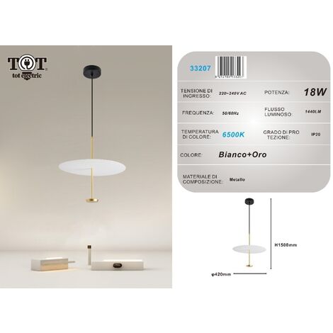 Lampadario a sospensione luce led 18w disco paralume piatto oro rotondo design minimal moderno  Bianco freddo