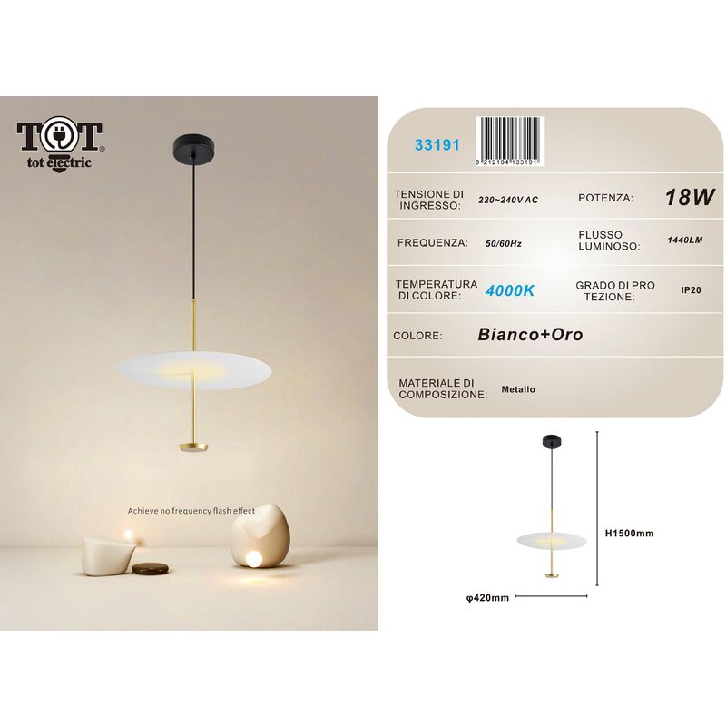 Image of Tot Electric - Lampadario a sospensione luce led 18w disco paralume piatto oro rotondo design minimal moderno Naturale
