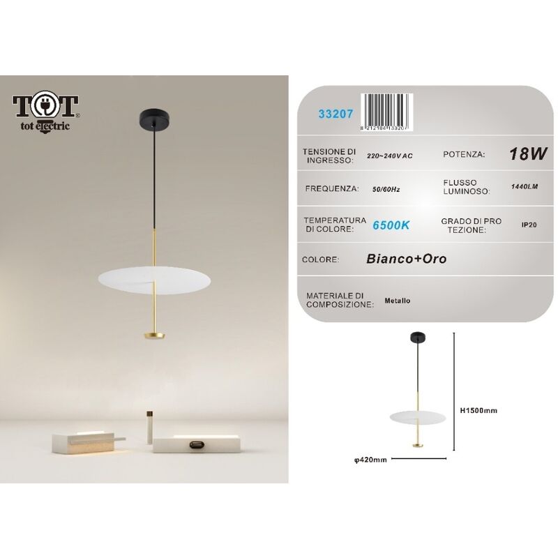 Image of Tot Electric - Lampadario a sospensione luce led 18w disco paralume piatto oro rotondo design minimal moderno Bianco freddo