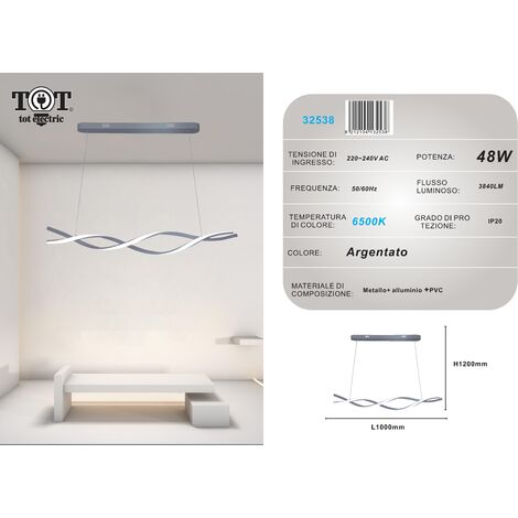 Lampadario a sospensione luce led 48W argento spirale vortice orizzontale per camera cucina soggiorno  Bianco freddo