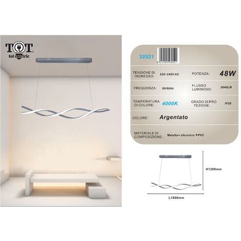 Lampadario a sospensione luce led 48W argento spirale vortice orizzontale per camera cucina soggiorno  Naturale