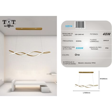 Lampadario a sospensione luce led 48W oro spirale vortice orizzontale per camera cucina soggiorno  Bianco freddo
