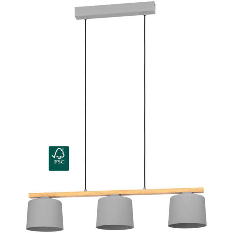 Lampadario A Sospensione Minimal Mariel Acciaio Grigio Legno 3 Luci E27