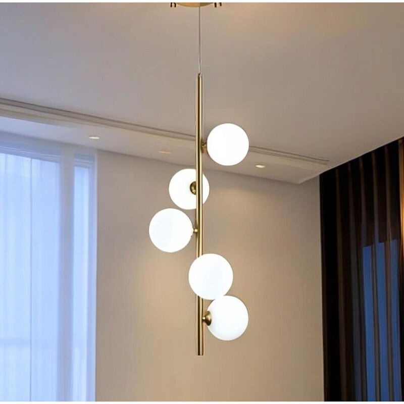 Image of Vetrineinrete - Lampadario a sospensione minimalista bronzo con 5 sfere lampada da soffitto con stelo verticale per soggiorno open space
