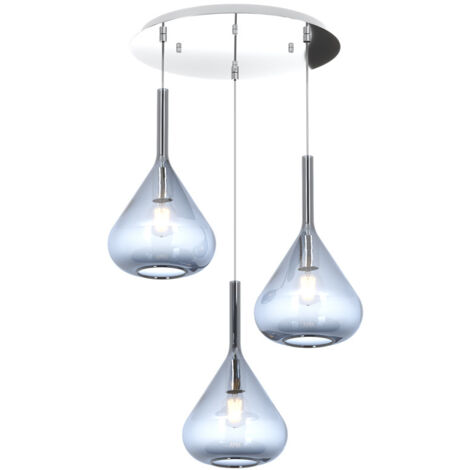 Lampadario a sospensione moderno Kona 3 luci vetro blu e rosone rotondo - Attacco E27 - Regolabile fino a 250cm d.42