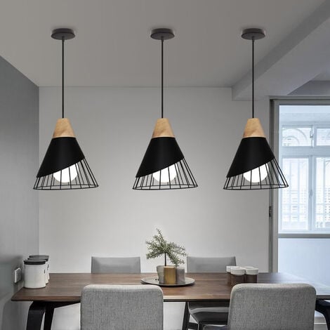 WOTTES Lampadario a Sospensione Nero Retrò Lampada Paralume Metallo e Legno Illuminazione Pendente Regolabile per Cucina Corridoio Porta 3 Pezzi