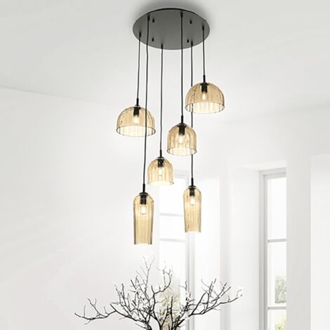 Lampadario a sospensione PUCK D60 cm in vetro soffiato rigato AMBRA