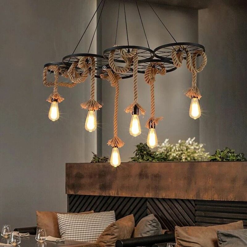 Image of Lampadario a sospensione soffitto stile rustico country 6 corde canapa e Ferro