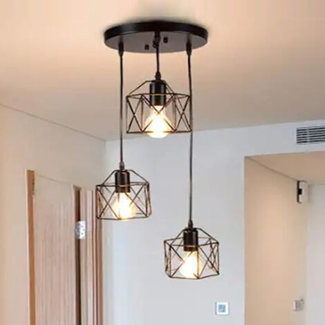 Lampadario a Sospensione Vintage, 3 Luci Lampada da Soffitto E27 in Metallo Gabbia Esagono Industriale per Cucina, Sala da Pranzo, Soggiorno (Nero)