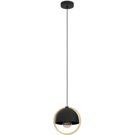 Lampadario A Sospensione Vintage Callow Acciaio Nero Legno 1 Luce E27