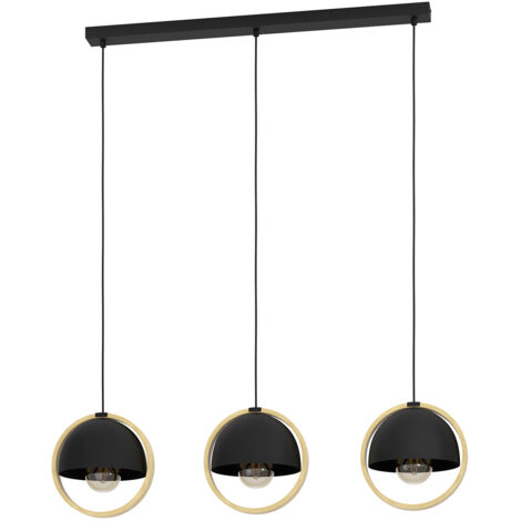 Lampadario A Sospensione Vintage Callow Acciaio Nero Legno 3 Luci E27