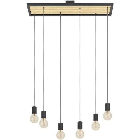 Lampadario A Sospensione Vintage Consett Acciaio Nero Legno 6 Luci E27
