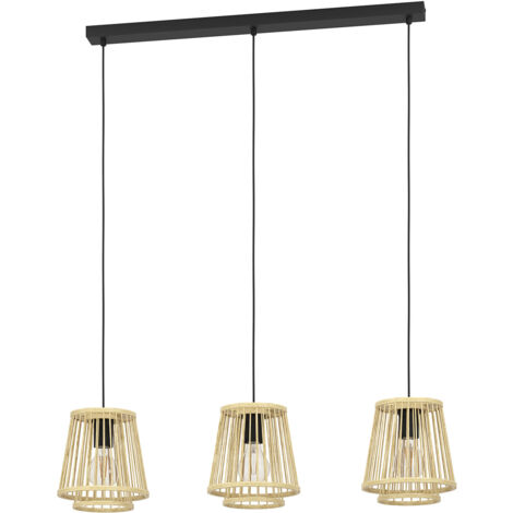 Lampadario A Sospensione Vintage Hykeham Acciaio Nero Legno 3 Luci E27